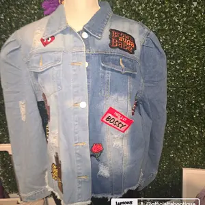Brown Suga Babe Denim Junk Jacket with Distressed Details and Embroidered Patches for Trendy Outfits
