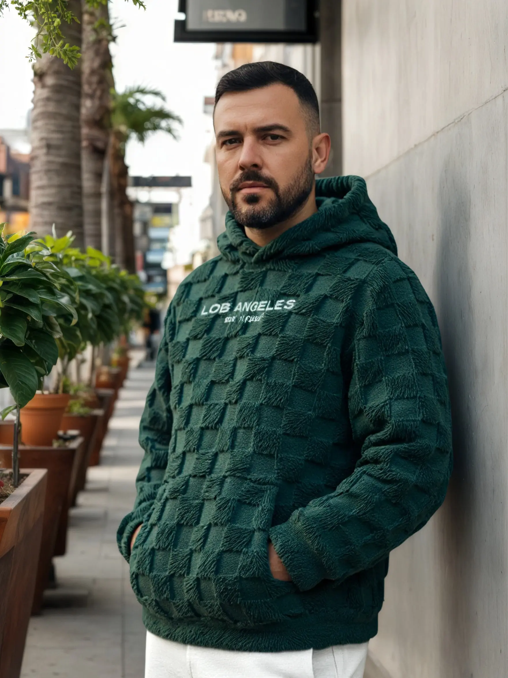 KZZ Men's Letter Embroidered Los Angeles Flannel Hoodie Fall 2025 Outfit Autumn/Winter Casual Long-Sleeve Pocket Hoodie Everyday Men's Wear Boyfriend Gift Cold Weather Printed Hoodie christmas gifts for him