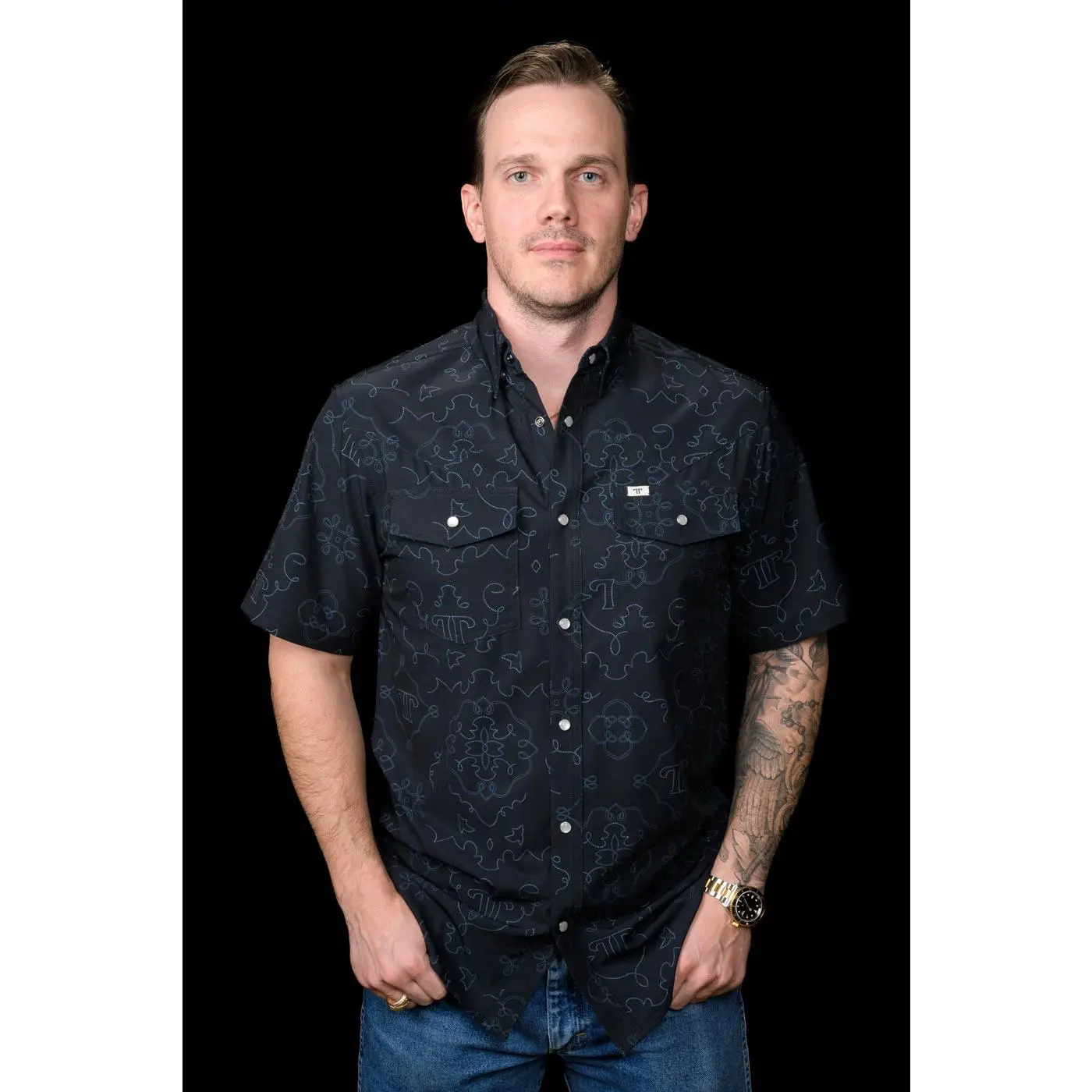 Men's Carson Western Short Sleeve Shirt | Black Pearl Snap Top in Breathable Stretch Fabric with UPF 50+ & Sunglasses Slit