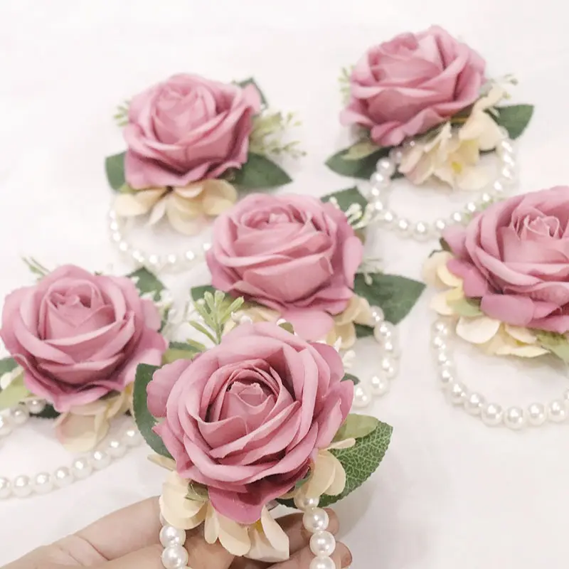 6pcs of Wedding Supplies Including Wrist Flowers And Corsages for Brides And Bridesmaids, Featuring Creative New European-Style High-End Designs with Artificial Roses, Bridal Accessories