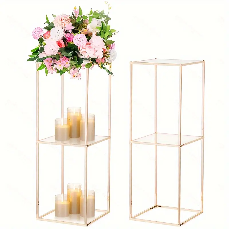 2-Layer 31.5-in High Square Classic Modern Stand Base Table Flower Centerpiece with Acrylic, Sheet Metal Floor Cylinder Vase Frame for Wedding, Halloween Decor, Two Layers