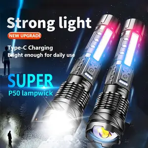 Outdoor Rechargeable Flashlight With Pen Holder Strong Light USB Retractable Focus Emergency Home Led Flashlight With Cob Warning Side Work Light