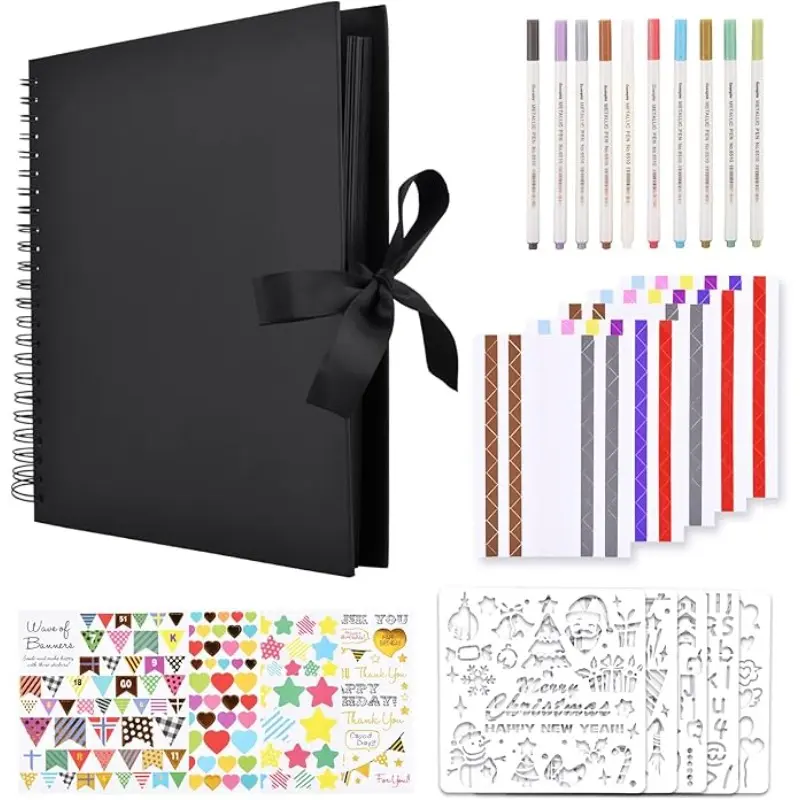 1 piece 12 x 12 inch scrapbook album with 4 sheets of stickers, 10 pieces of marker pens, 5 sheets of photo corner stickers, and 5 sheets of hollowed out drawing boards, for home use, DIY album for anniversaries (black)