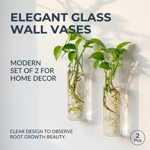 2pcs Wall-Mounted Glass Planter Vases, Cylindrical Hanging Hydroponic Plant Containers, Clear Wall Vases for Indoor Plants & Home Decor