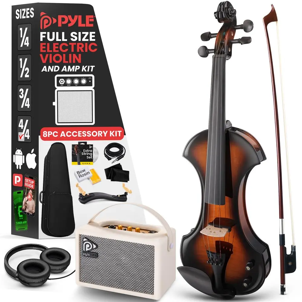 Student Battery-Powered Silent 4-String Violin (Sunburst, Maple Wood, Linden Plywood) with Accessory Kit - 10W Amplifier, Headphone, Tuner, Extra Strings, Shoulder Rest, CR-2032 Button Cell, Cable, 23.6in x 7.9in x 3.2in Dimensions, Music, Cleaning Cloth,
