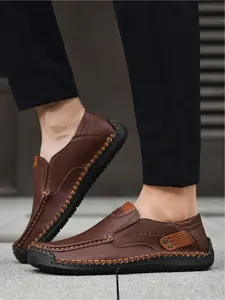 Men's Solid Color Hand-Stitched Casual Shoes, Soft Sole Non-Slip Slip-On Loafers, Fashion Trendy Versatile Footwear