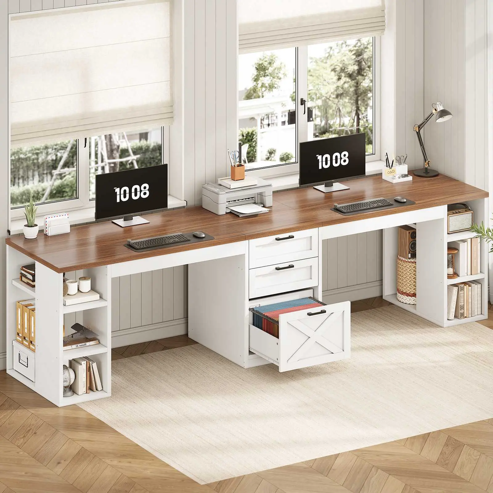 Sedeta 96.5"l x 19.7"w Rustic Farmhouse Durable Computer Workstation - 2-Person Large Desk Bureau, Furniture-Style & Modern Computer Workstation with Drawers, Storage Shelves, Bookshelf for Home Office, Bookshelf With Drawers, Durable Computer Workstation