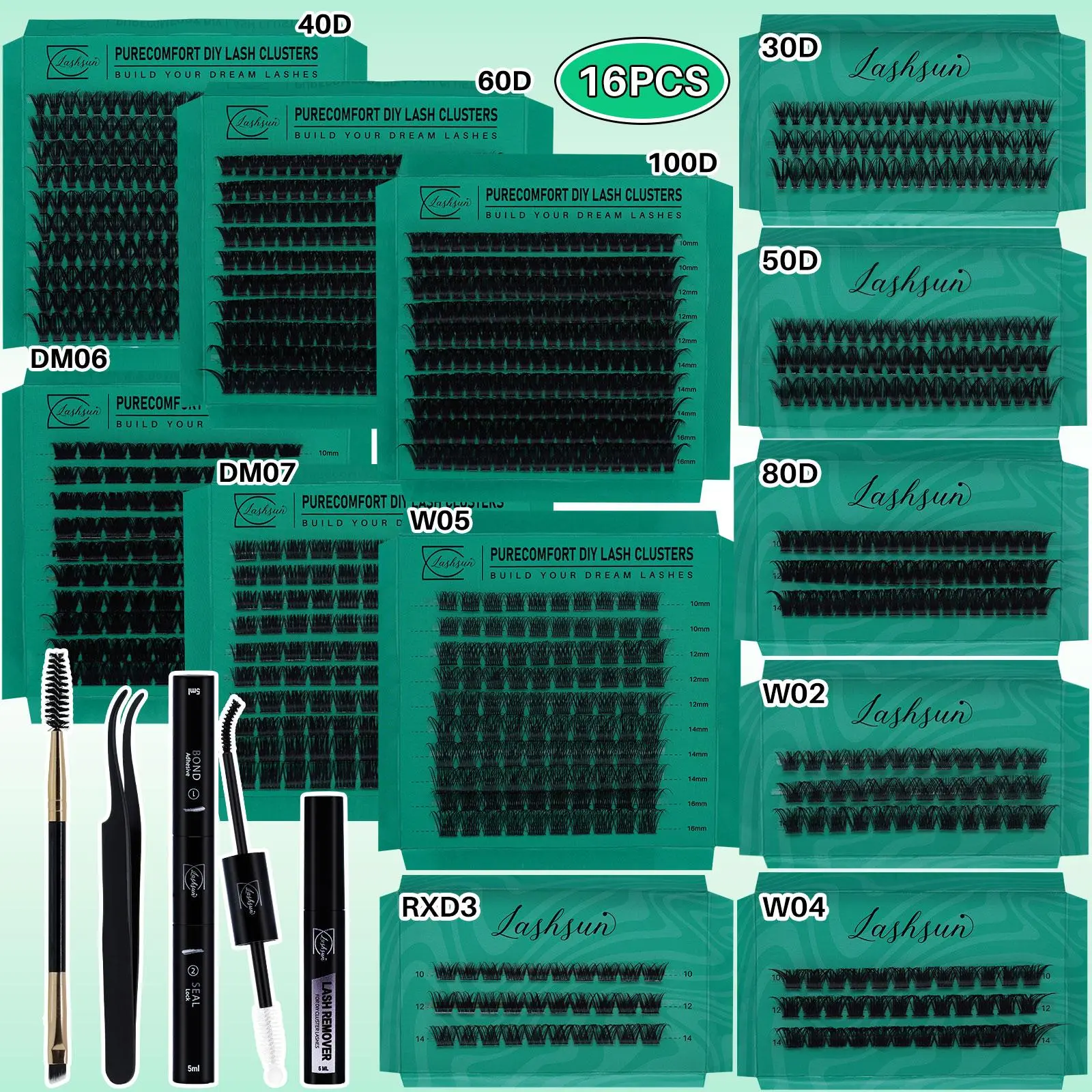 Mixed Length & Styles Individual Lashes Clusters DIY Lash Extensions Kit, 16pcs/set D Curl Cluster Eyelashes & Bond & Seal Lash Glue & Lash Remover & Lash Brush & Tweezers, Cosmetic Eyelash Extension, Makeup Products