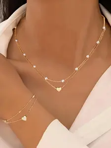 Mother's Day Gift Women's Elegant Faux Pearl Decorated Heart Design Jewelry Set, Trendy Exquisite Necklace & Bracelet, Chic Jewelry Set As Gift for Girlfriend, Fashionable Jewelry Set