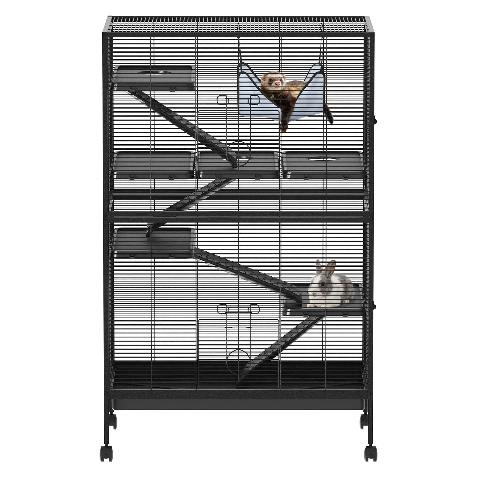Extra Large 5-Tier Metal Small Animal Cage with Wheels, Multi-Level Habitat for Ferrets Chinchillas Guinea Pigs Rabbits Rats, Includes Hammock Platforms & Ramps, Deep Removable Tray for Easy Clean, Secure Rolling Indoor Pet Enclosure