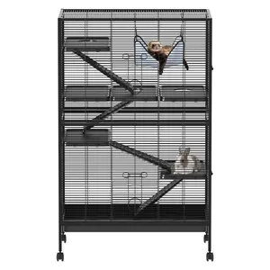 Extra Large 5-Tier Metal Small Animal Cage with Wheels, Multi-Level Habitat for Ferrets Chinchillas Guinea Pigs Rabbits Rats, Includes Hammock Platforms & Ramps, Deep Removable Tray for Easy Clean, Secure Rolling Indoor Pet Enclosure