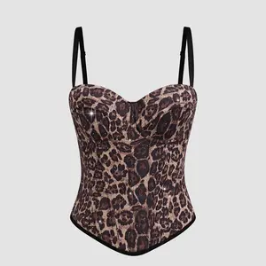 [Order 10–12 Days] Trendy Sexy Corset Top Leopard Print Bling Rhinestone Body Shaping Cami Women
