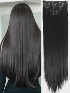 7 Piece Hair Clips Set, 24 Inch Long Straight Hair Extensions, Clip in Hairpieces with BB Clips, Natural Black Sleek Straight Hair, Women's Synthetic Clip in Hair Extensions for Daily Party Multi-Purpose Use