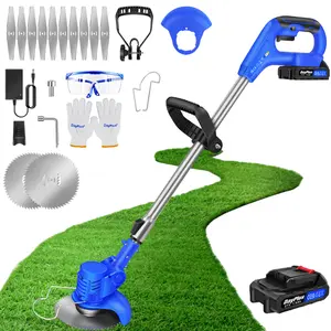 21V Cordless String Trimmer, Electric Weed Wacker Garden Cordless Strimmer, Lightweight 2 in 1 Trimmer & Edger, Metal Blade Strimmer With 1.5Ah Lithium Battery, Charger And 12 Metal Blades Portable Weed Eater Grass Cutter For Lawn Edger Pruning Weed