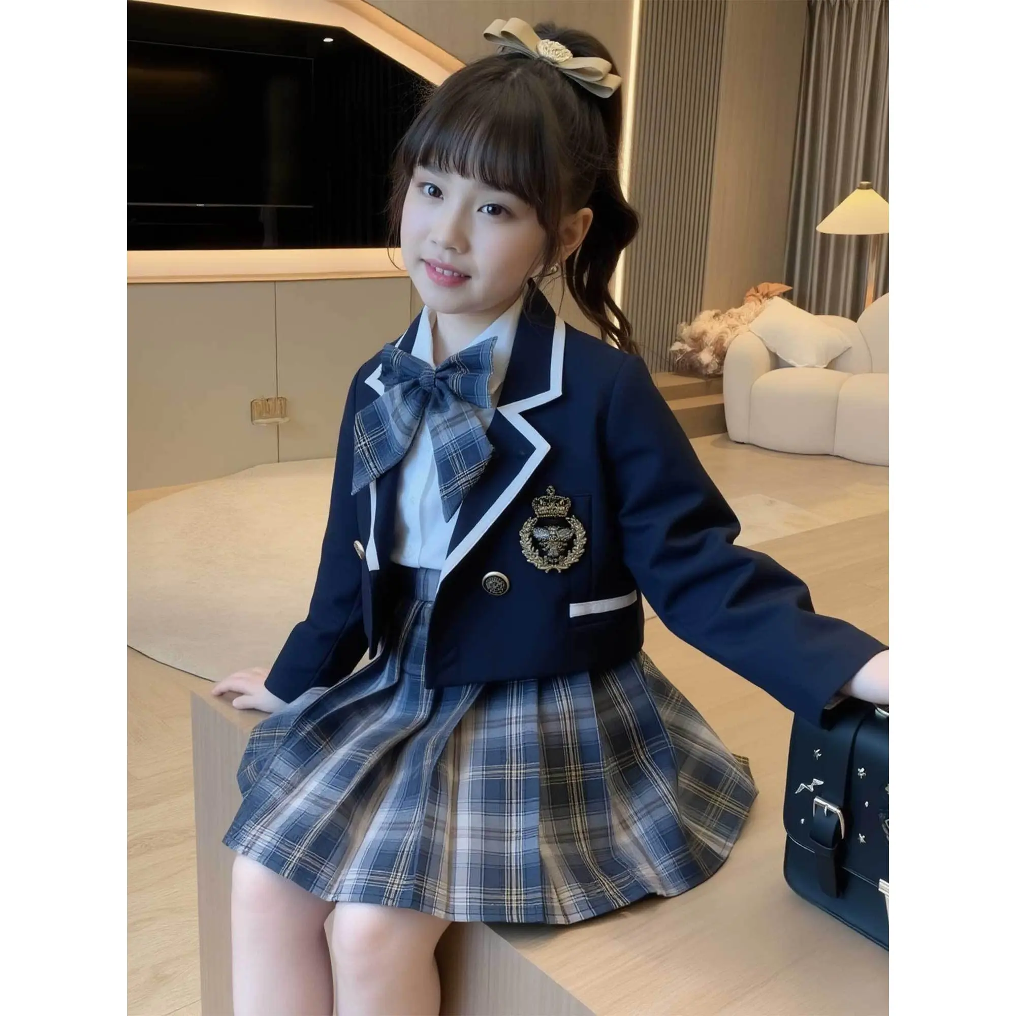 Hot - Selling New Spring and Autumn Girls' Academy - Style Three - Piece Set, New Autumn School - Entry Outfit for Toddlers and Young Children: Khaki Trimmed Suit/ Shirt/ Plaid Pleated Skirt Set, JK Uniform with Bow - Tie Fashion Outfit