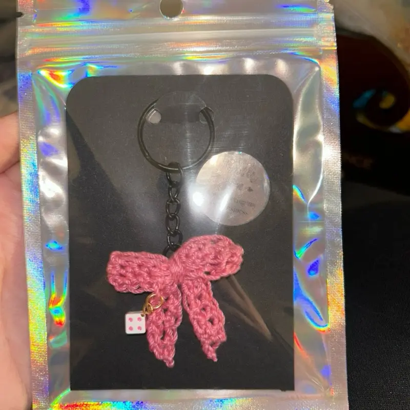 Pink Bow with Dice Keychain - Handcrafted Crochet Design for Bags and Keys