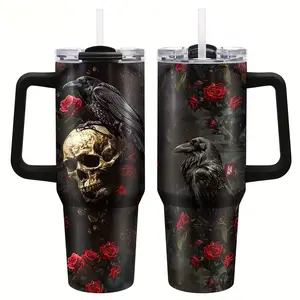 Skull Raven Tumbler Made of Stainless Steel, 40Oz with Lid, Handle, And Straw, Gothic Skull Coffee Mug, Skull Raven Travel Mug, Perfect Birthday Gifts for Skeleton Enthusiasts, Horror Fans, And Christmas Presents for Halloween Outdoor Ad