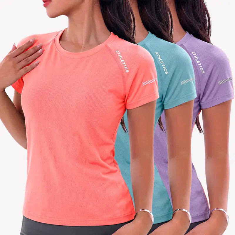3-piece set: women’s casual letter-print crew-neck short-sleeve sports T-shirts; summer fitness T-shirts for women; gym tops for women; women’s sportswear tops; workout shirts