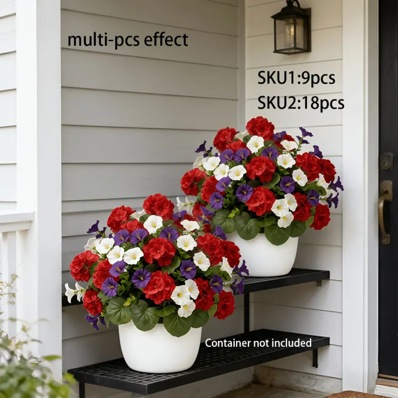 Artificial flowers, Artificial plants, featuring red begonias paired with purple and white morning glories, suitable for porch, patio, garden, farmhouse decoration, weddings, home, floral arrangements, and outdoor/indoor, Artificial Flower Decorations