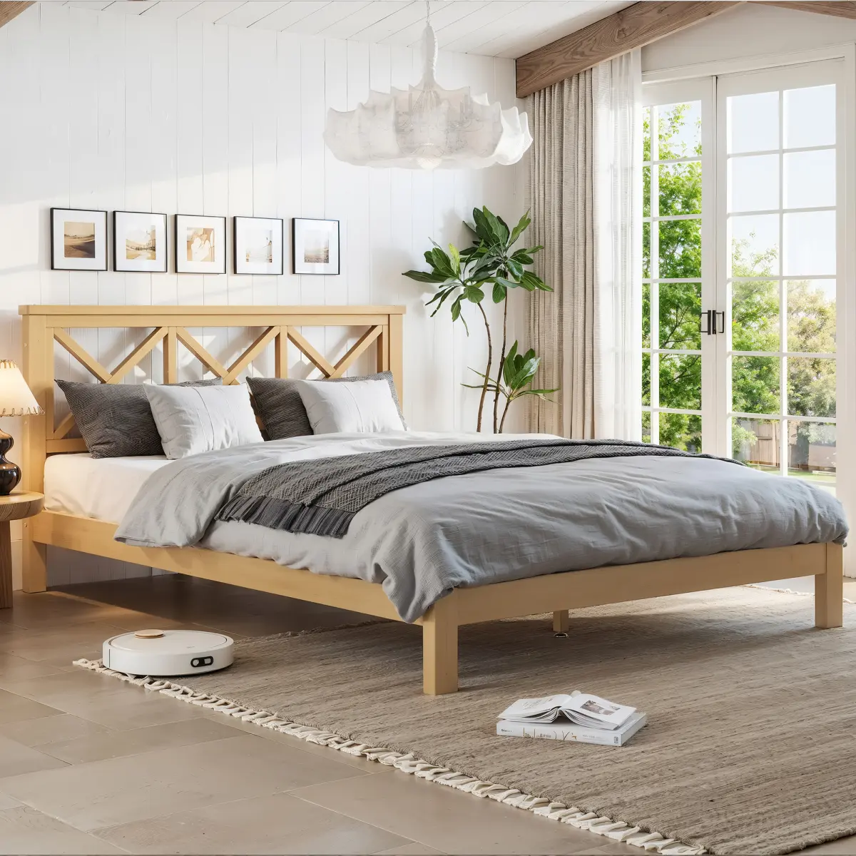 Full Size Bamboo Platform Bed with X-Design Upgraded Natural Headboard - Mid-Century Nordic Style, Support Slats, 500lbs Capacity, 77.40"l*57.80"w*33.07"h, Assembly Required for Modern Bedroom