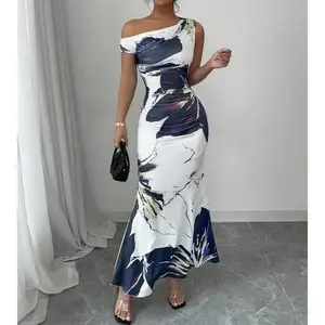 Floral Print Asymmetric Neck Fishtail Dress, Fashionable Summer Holiday Wedding Guest Dress Womenswear Fabric(Sheet)