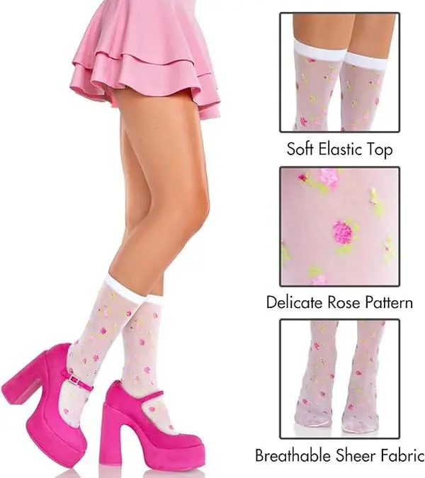 Leg Avenue Womens Cute Socks Rosette Jacquard Cutecore Anklet Sheer Socks with Flower Pattern, Multicolor, One Size