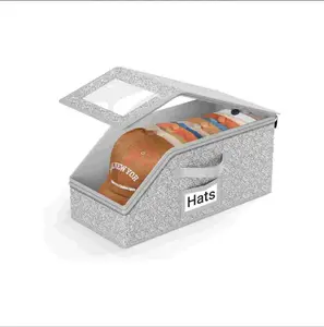 2 Pack Hat Storage Organizer for Baseball Caps – Stackable, Foldable Fabric Boxes with Transparent Lid, Holds Up to 24 Caps, Reinforced Cardboard Base, Dustproof, Easy Access & Portable, Ideal for Home, Dorm, Closet, Bedroom, Shelf, or Travel