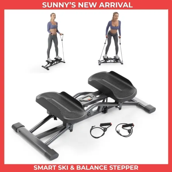 Sunny Health & Fitness Smart Ski & Balance Stepper with Resistance Bands, Ski Simulator for Balance Training, Ski-Inspired Side-to-Side Cardio, Guided Balance & Coordination Trainer, LCD Monitor, Bluetooth, home workout, 300 LB Capacity
