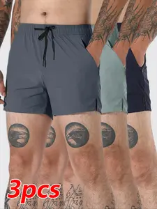 3-Pack Men's Summer 3-Inch Solid Color Quick-Dry Breathable Gym Shorts, Fitness Shorts, Moisture-Wicking with Zipper Pockets, Ideal for Running, Swimming and Gym