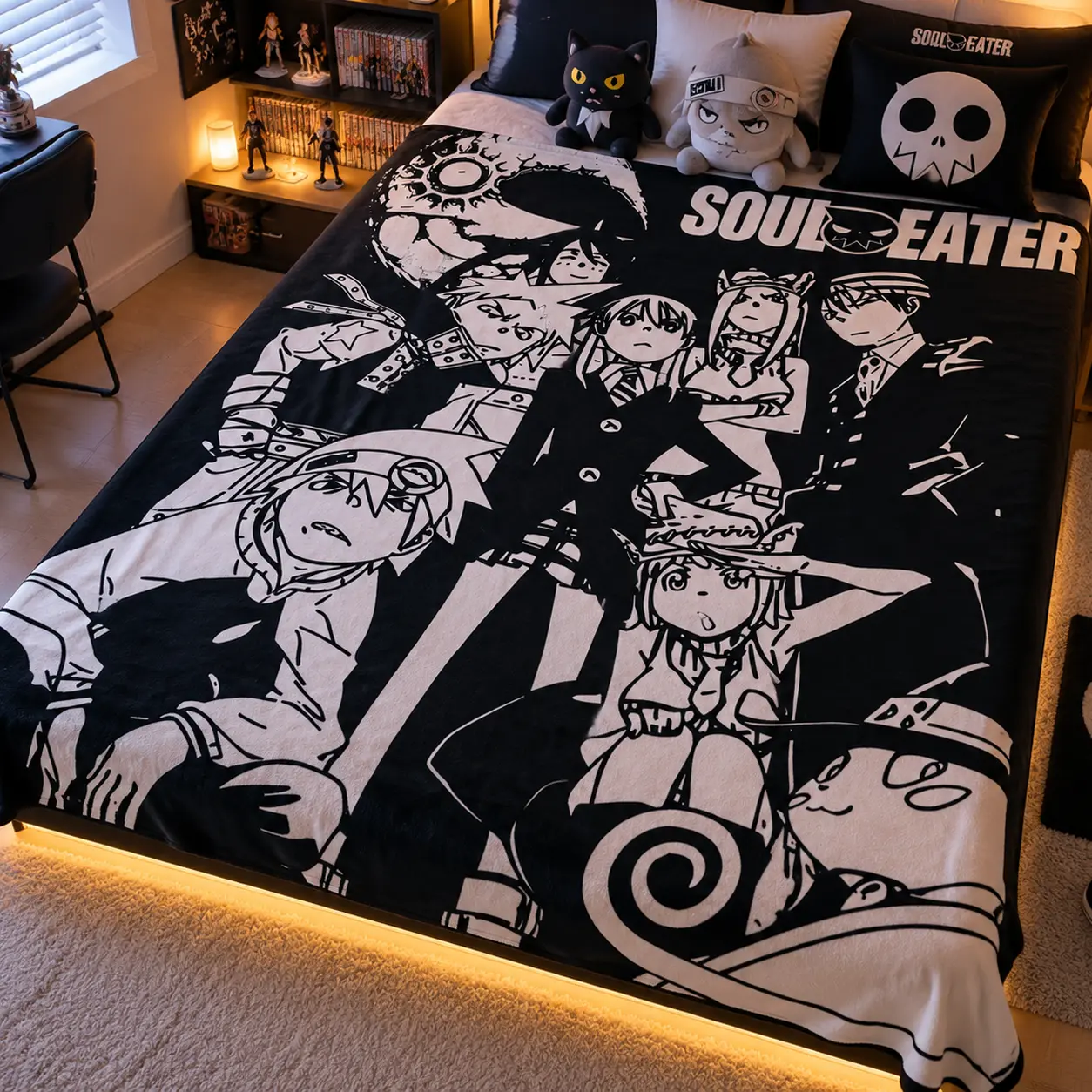 Soul Eater Inspired Anime Flannel Blanket, Black & White Manga Style Character Throw Blanket, Soft Warm Cozy Fleece Plush Bed Sofa Couch Blanket, Lightweight All Season Gaming Room Decor Gift for Anime Fans