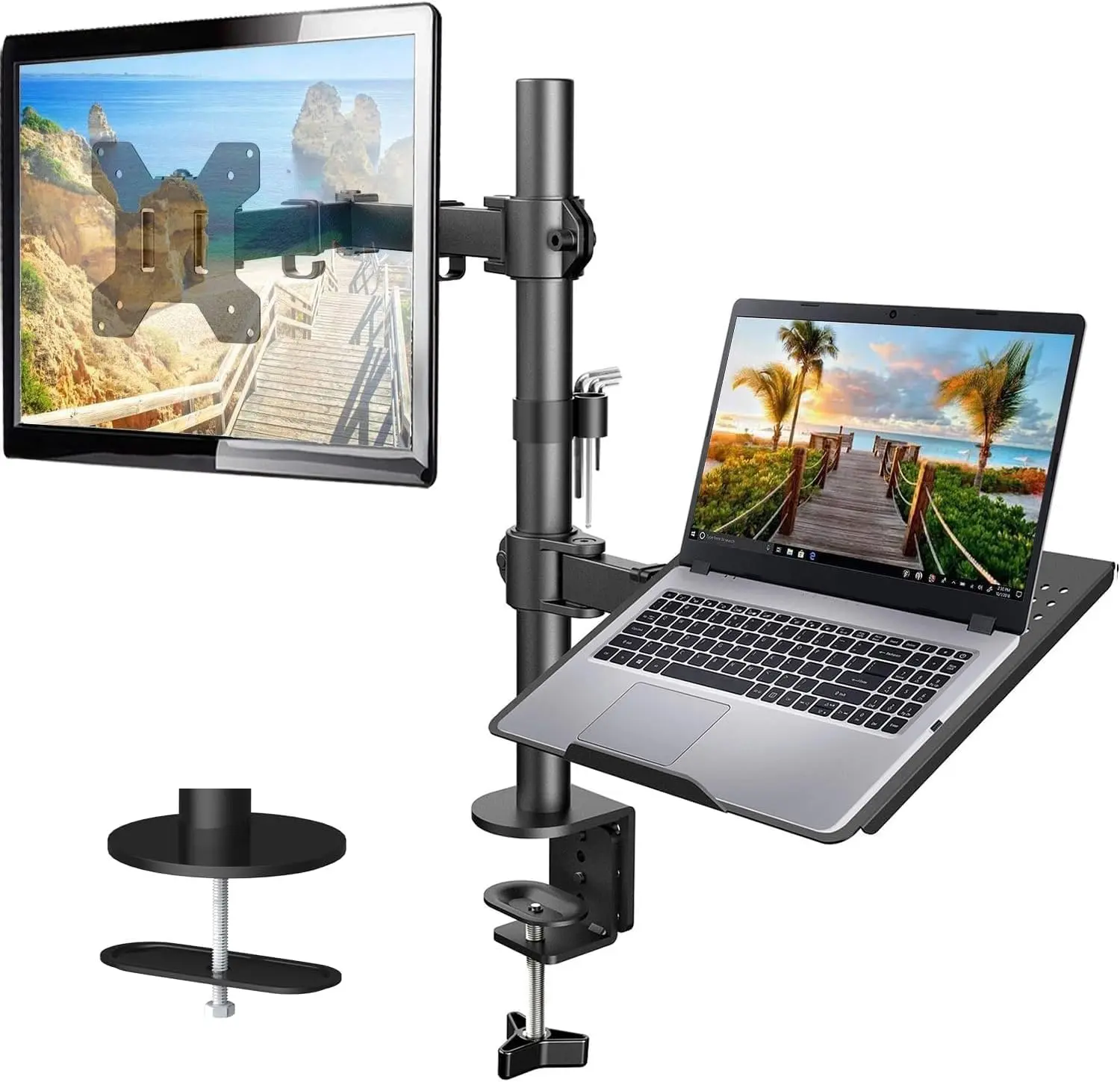HUANUO Adjustable Single Computer Monitor Stand & Laptop Holder - Heavy-Duty Ergonomic Office Riser, Home Office Furniture, Easy Installation, Supports Up to 32" Display, 17" Device, 22 lbs