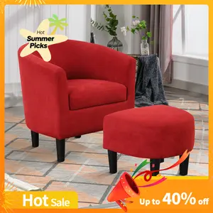 【Summer Turn-Up Flash Sale】Ebello 26" Wide Modern Upholstered Barrel Accent Reading Chair with Foot Rest and Ottoman, Red
