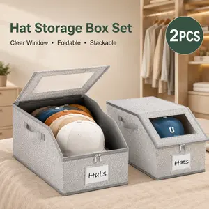 2 Pack Stackable Hat Storage Boxes with Clear Window, Foldable Closet Organizer Bins for Baseball Caps, Clothes, Scarves & Toys, Grey