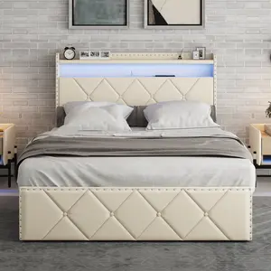 Collared Eagle Full Size Upholstered Bed Frame with 2 Drawers Square Stitched Button LED Lights Charging Station 2-Tier Storage Shelves Black summervibes