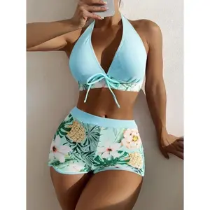 Stylish Tropical Print Tankini Swimwear, Halter Top & Shorts Two-Piece Set, Ideal Summer Beach Outfit for Women