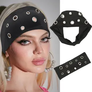 AWAYTR Punk Girl Hollowed Out Eyelets Wide Elastic Headband Stretchy Metal Rock Sports Grommet Headband Hair Accessories