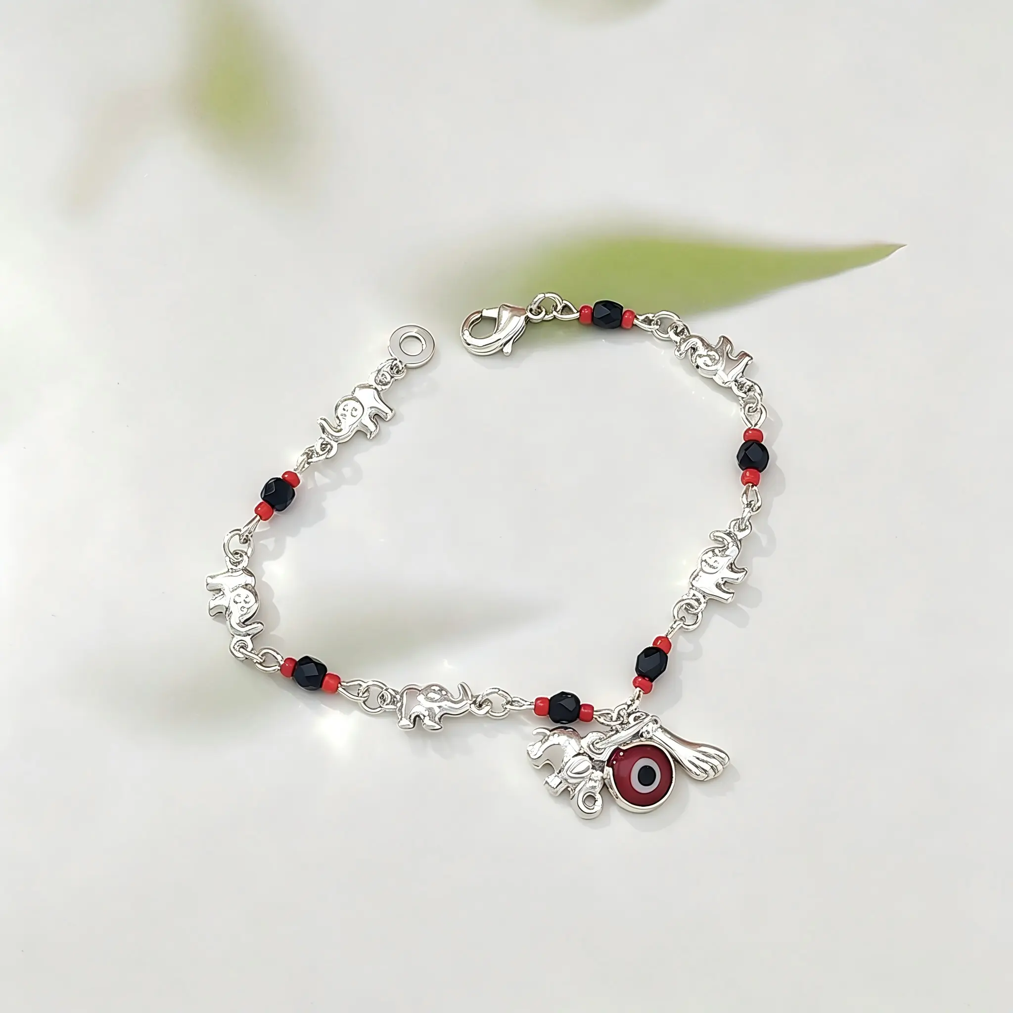 925 Sterling Silver Evil Eye Elephant Charm Bracelet for Women, Red Black Beaded Protection Lucky Bracelet with Horse & Hand Pendant Amulet Jewelry Gift
