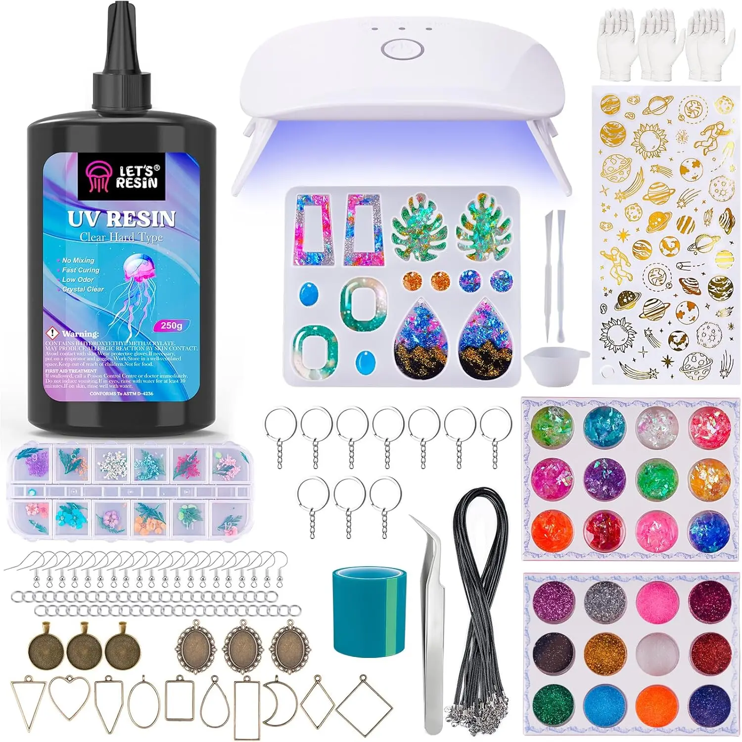 Resin Jewelry Making Kit - 153Pcs Crystal Clear 250g UV Resin Kit with Light, UV Resin Molds, Resin Starter Kit for Beginners, Keychain&Earring Making, Craft Decor
