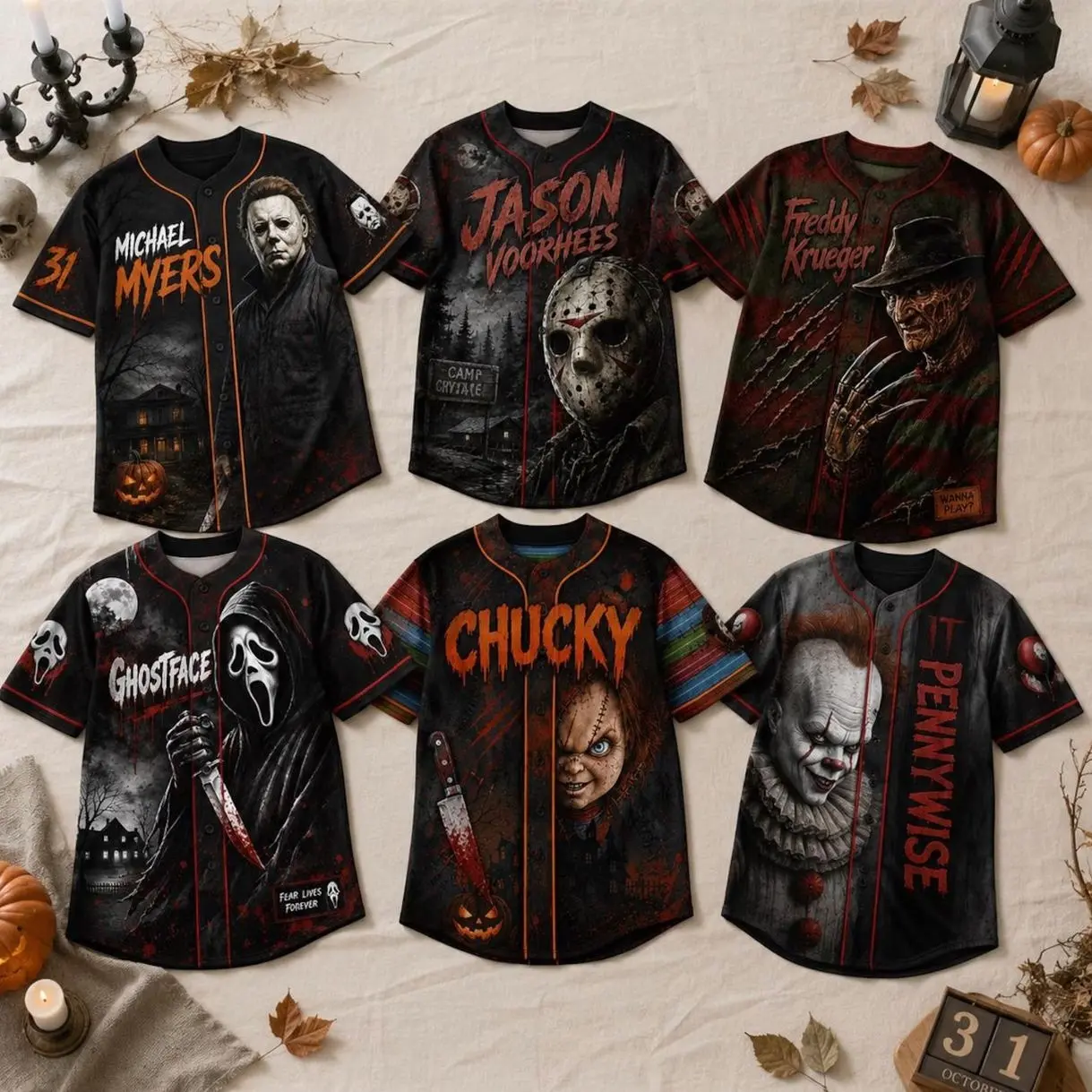 Custom Horror Slasher Baseball Jersey, Woodsboro Mask & Killer Doll Shirt, Elm Street Nightmare Top, Spooky Squad Halloween Uniform