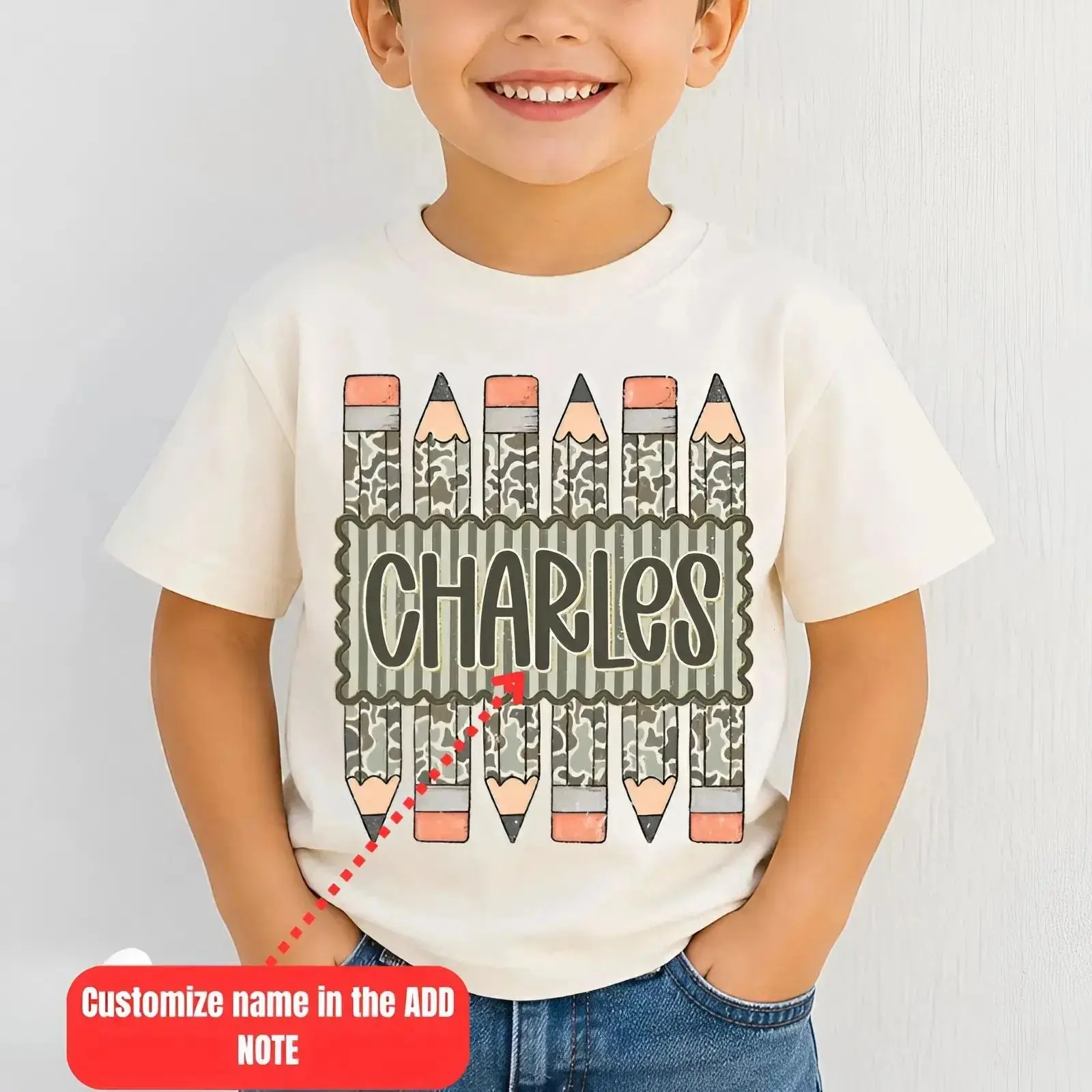 Youth & Adult Personalized Back to School Shirt, Custom Name Pencil Camo Tee for Kindergarten First Day, KidCotton Store, USA-Made & Printed Apparel	