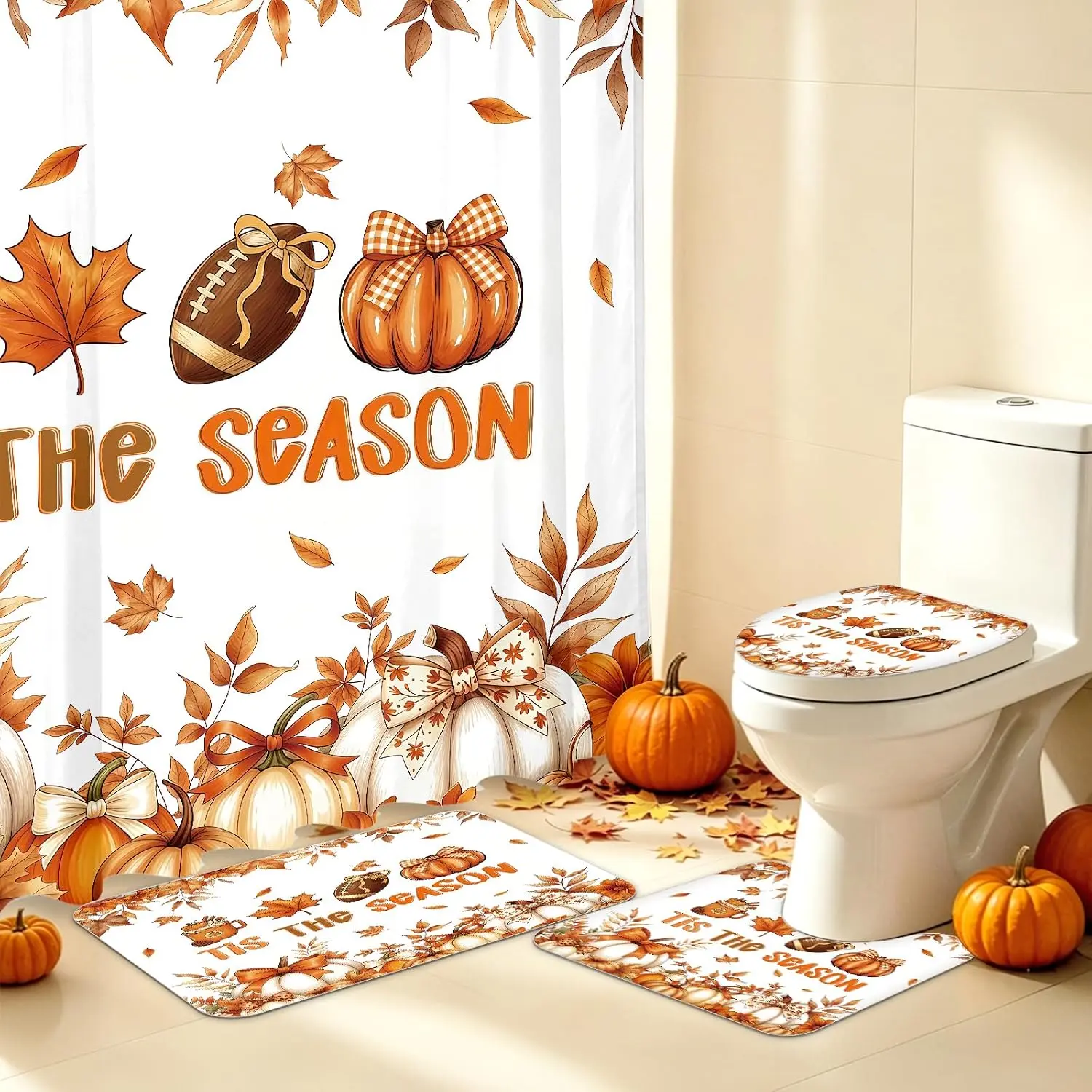 Fall Shower Curtain Set 4-Piece, Tis the Season Pumpkin Maple Leaves Pattern, Waterproof Quick Dry Shower Curtains Absorbent Non-Slip Mats & Toilet Cover for Thanksgiving Bathroom Decor