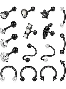 16 Pcs Black 18G Piercing Jewelry Set, Nose Piercings Kit, Stainless Steel Cartilage Earrings for Women Men Cubic Zirconia Stud Earrings Forward Helix Tragus Conch Rook Piercings