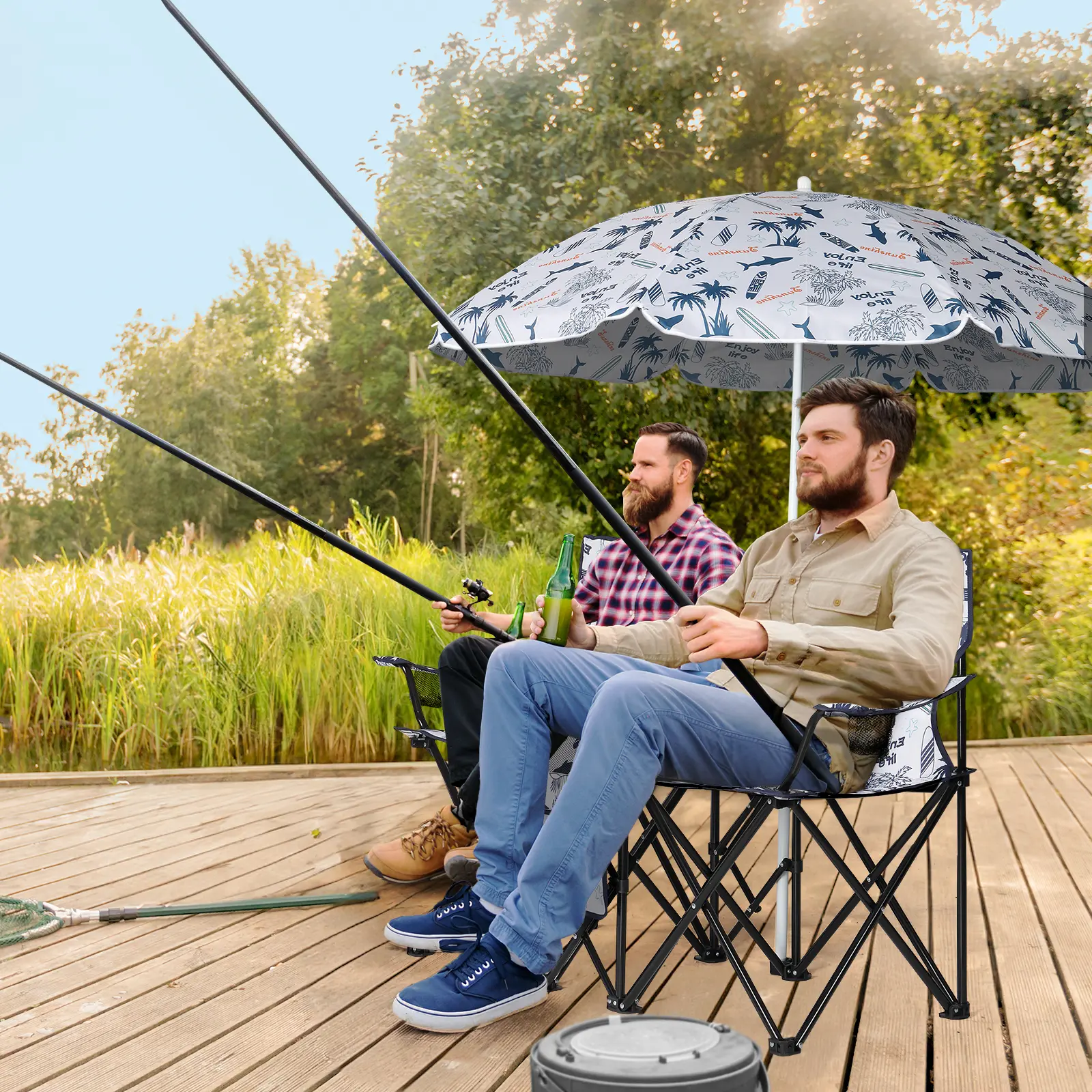 2-Seat Folding Oxford Beach Loveseat with Coconut Tree Print, Sturdy Portable Double Chair with Removable Full Coverage UV Umbrella for Sun Protection, Compact Fold for Camping, Folding Chairs