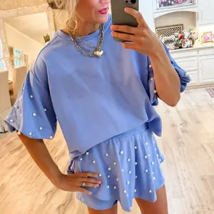 Fisoew Womens 2 Piece Pearl Decor Puff Sleeve Loungewear Set Oversized Short Sleeve Top Shorts Soft Knit Casual Set for Daily Wear