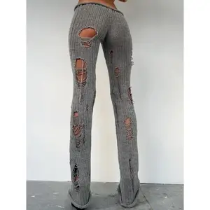Women’s Solid Slim-Fit Ripped Knit Long Pants, Sexy Street Style Low-Rise Elastic Waist, Fashionable Creative Cutout Design