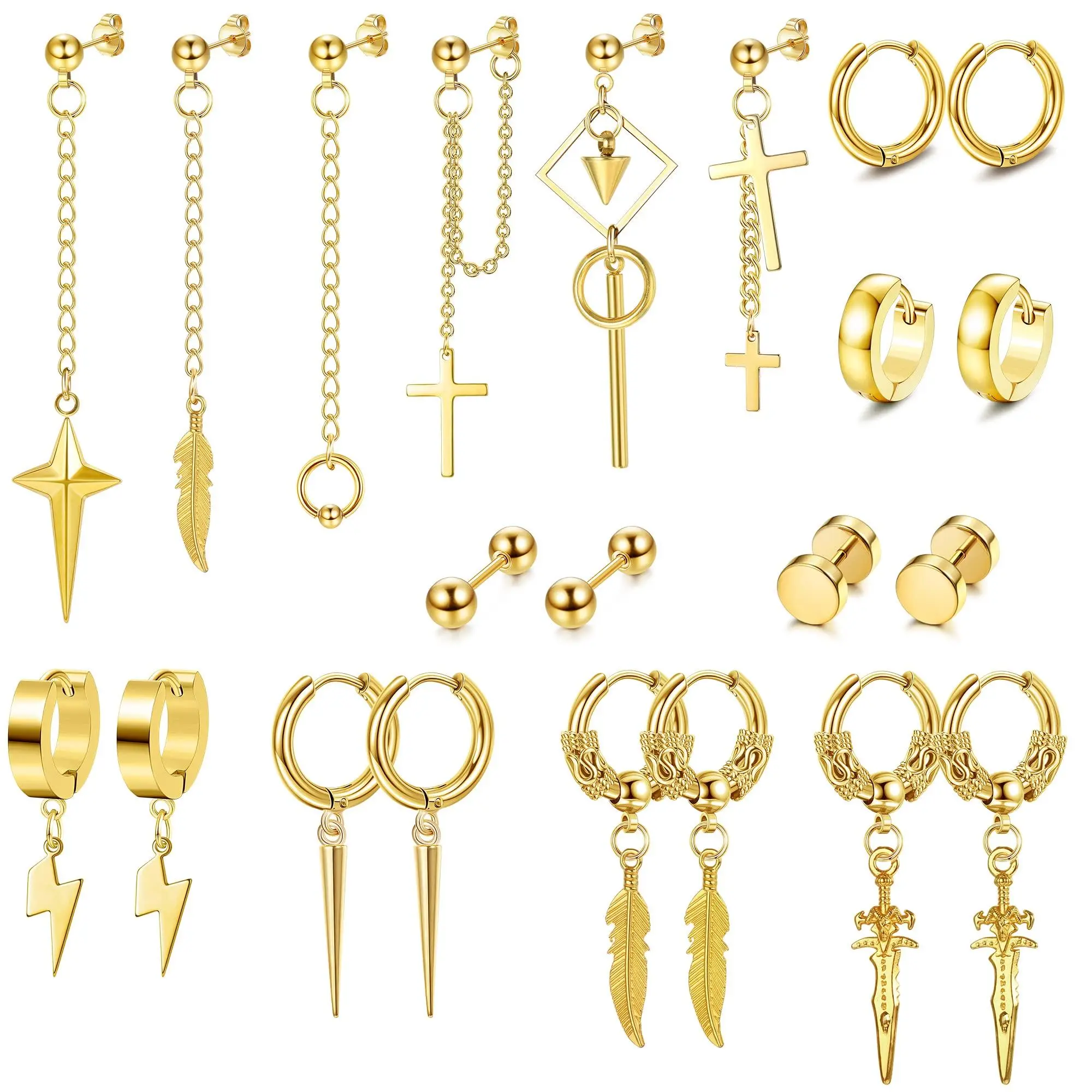 CASSIECA 22-Count Stainless Steel Mens Jewelry Set - Mens Statement Hoops, Unique Design Earrings, Hinged Hoops, Long Chain Studs, Cross Dangles, Huggie Earrings, Fashion Jewelry Accessories