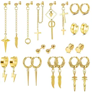 Cassieca  22 Count Stainless Steel Dangle Earrings Set for Men Hinged Hoop Earrings Long Chain Stud Cross Dangle Earrings Set Earrings for Mens