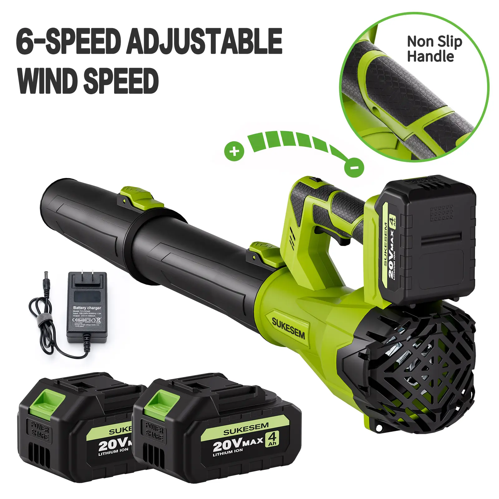 SUKESEM High Power Cordless Leaf Blower With 4.0Ah Batteries, 580CFM/160MPH, 6 Speed Levels & Extension Nozzle - Ergonomic Non-Slip Handle, Lightweight Design For Lawn Care and Garden Use