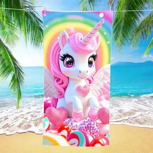 Cute Unicorn Rainbow Beach Towel, Quick-Dry Microfiber Sandproof Blanket, Summer Beach Pool Party Kids Vacation Essential