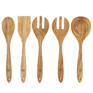 Olive Wood 5-Piece Kitchen Cooking Utensil Tool Set - Includes Essential Tools for Cooking & Serving, Safe for Non-Stick Cookware, Handwash Only
